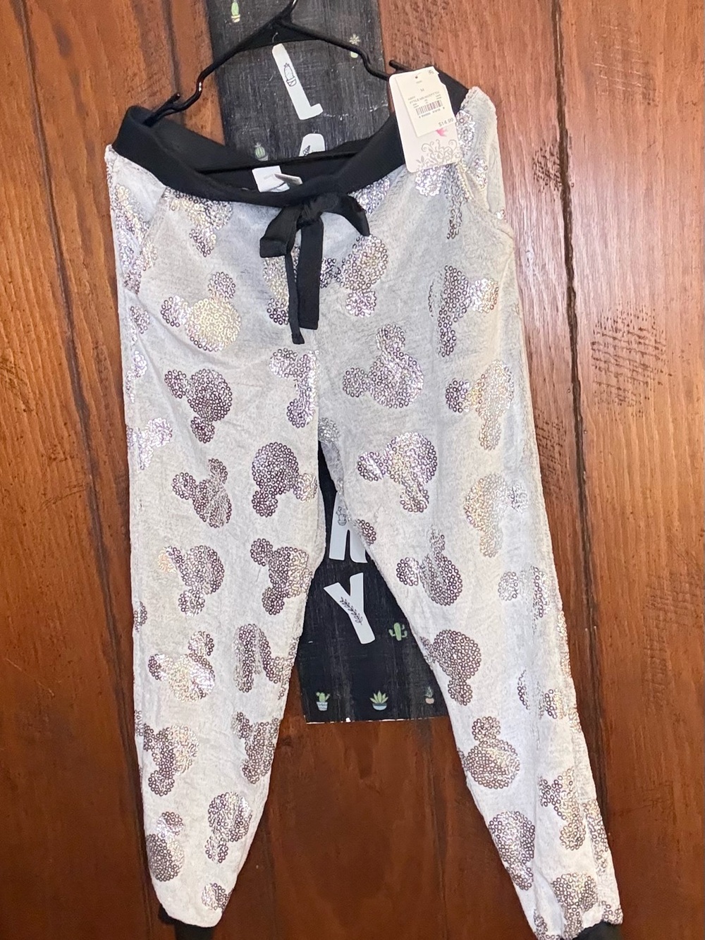 Disney Gray Jogger Pants with Sparkle Mouse Print and Black Waist